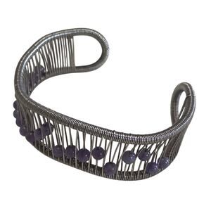 Acton Asymmetrical Sterling Silver Cuff Bracelet Wire wrap Movable purple Beads